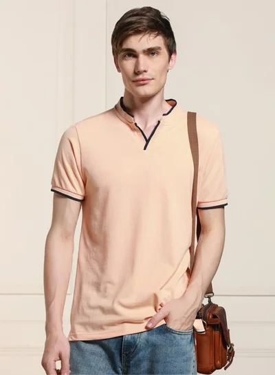Dennis Lingo Regular Fit Peach Cotton-Poly T-Shirt Polo Neck