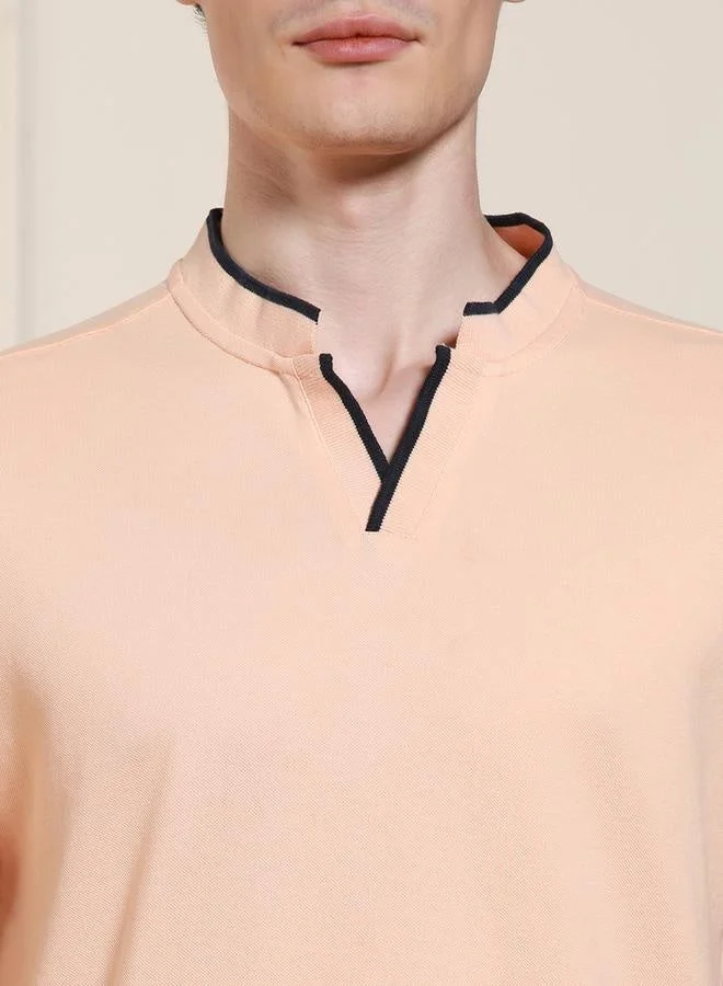 Dennis Lingo Regular Fit Peach Cotton-Poly T-Shirt Polo Neck
