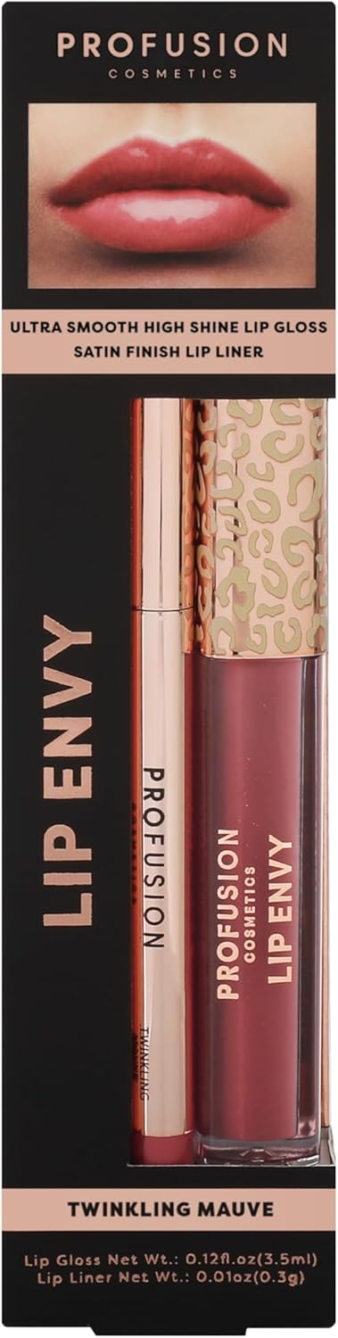 Profusion Cosmetics Lip Envy and Twinkling Mauve Ultra Smooth High Shine Lip Gloss and Satin Finish Lip Liner for Seamless Shiny and Defined Lips