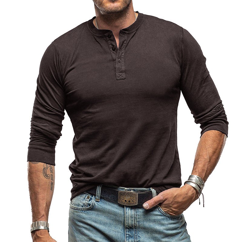 Short-Sleeved Men'S Long-Sleeved T-Shirt Cotton Men'S Bottoming Men'S Henry Top - Image 1