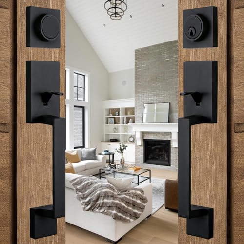 NEWBANG Front Double Door Traditional Style Keyed Entry Door Handleset with Lever Handle in Matte Black,(Keyed and Dummy Set),MDHST2010DB-SET-BR-TMC - Image 1