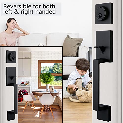 NEWBANG Front Double Door Traditional Style Keyed Entry Door Handleset with Lever Handle in Matte Black,(Keyed and Dummy Set),MDHST2010DB-SET-BR-TMC - Image 3