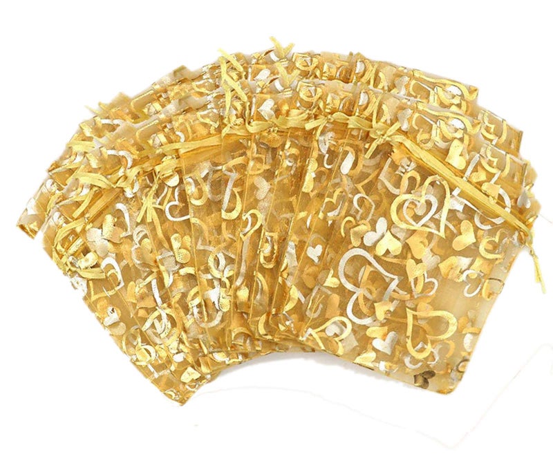 YYaaloa 100PCS Mini Sheer Heart Mixed Organza Bags, 10X12 cm/3.9X5 inches Drawstring Chic Gift Beauty Bags, Wedding Favor Bags Candy Jewelry Gift Bags (Gold, 3.9x5 inch) - Image 2