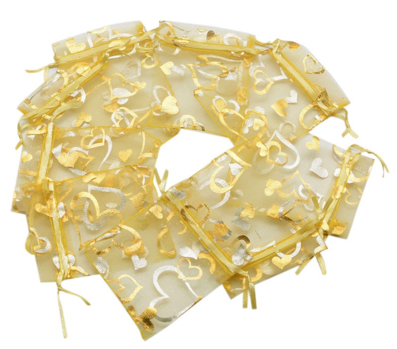 YYaaloa 100PCS Mini Sheer Heart Mixed Organza Bags, 10X12 cm/3.9X5 inches Drawstring Chic Gift Beauty Bags, Wedding Favor Bags Candy Jewelry Gift Bags (Gold, 3.9x5 inch) - Image 4