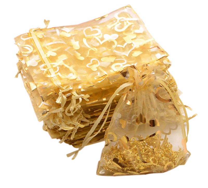 YYaaloa 100PCS Mini Sheer Heart Mixed Organza Bags, 10X12 cm/3.9X5 inches Drawstring Chic Gift Beauty Bags, Wedding Favor Bags Candy Jewelry Gift Bags (Gold, 3.9x5 inch) - Image 1