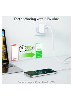 زيون شاحن سريع بقدرة 66 وات مزود بمنفذين، ومنفذ توصيل شاحن USB سريع وشحن سريع ذكي PD25W، مع كابل شاحن سريع USB C بطول 1 متر، وشحن حائط شحن بريطاني لجميع الهواتف المحمولة  - Image 3