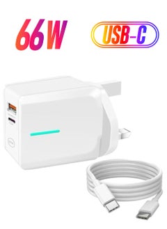 زيون شاحن سريع بقدرة 66 وات مزود بمنفذين، ومنفذ توصيل شاحن USB سريع وشحن سريع ذكي PD25W، مع كابل شاحن سريع USB C بطول 1 متر، وشحن حائط شحن بريطاني لجميع الهواتف المحمولة  - Image 1