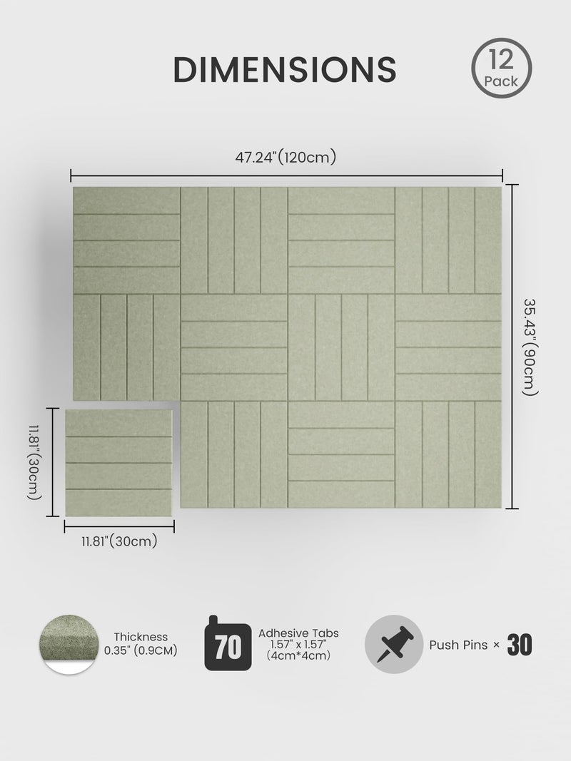 Bumusty Large Cork Board Alternative-48 x 36" Felt Bulletin Board Tiles, with 30 Pushpins, 70 Adhesive Tabs, 12-Pack Slat Wall Paneling, Cork Boards for Office Push Pin Board Felt Board-Sage - Image 2