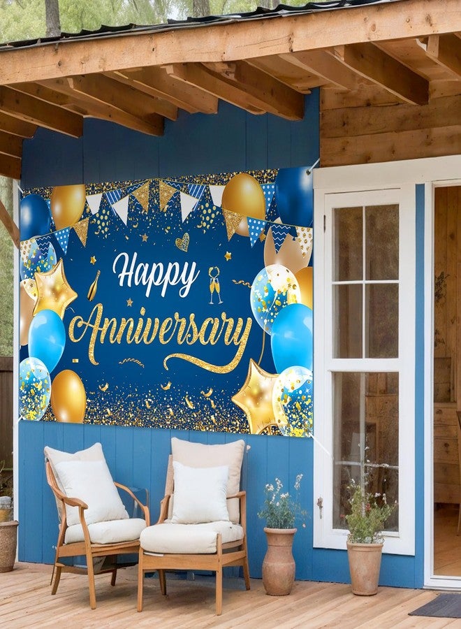 Wayyogh Blue & Navy Blue Gold Happy Anniversary Banner & Backdrop | Happy Anniversary Sign for Women & Men - Wedding Decor, 72.8x43.3 Inch - Image 4