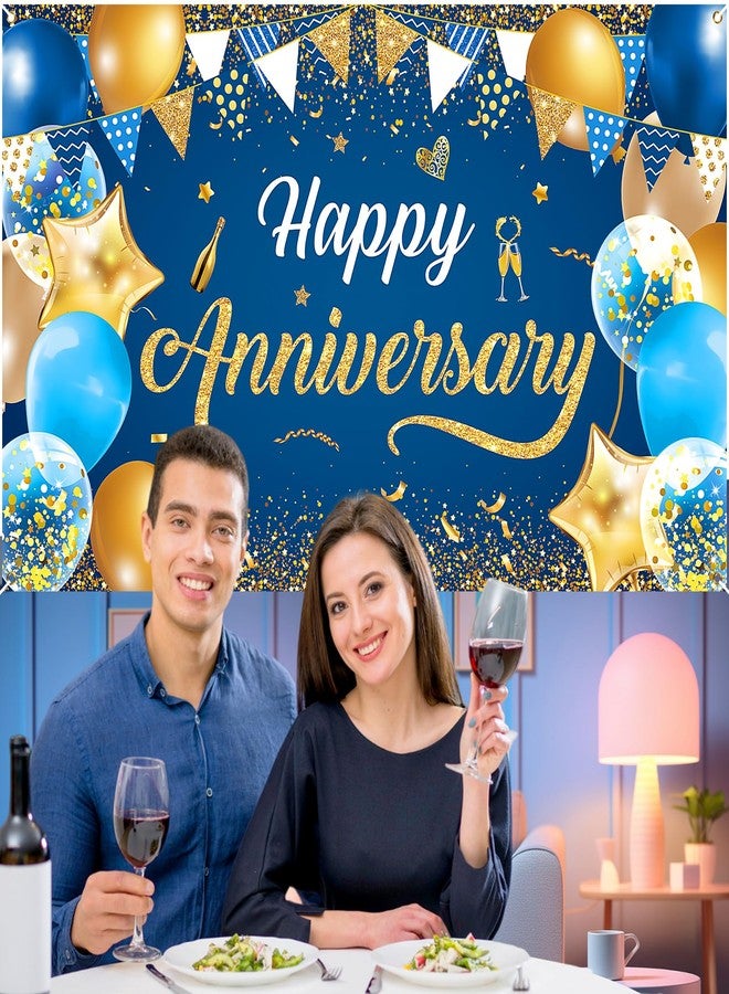 Wayyogh Blue & Navy Blue Gold Happy Anniversary Banner & Backdrop | Happy Anniversary Sign for Women & Men - Wedding Decor, 72.8x43.3 Inch - Image 3