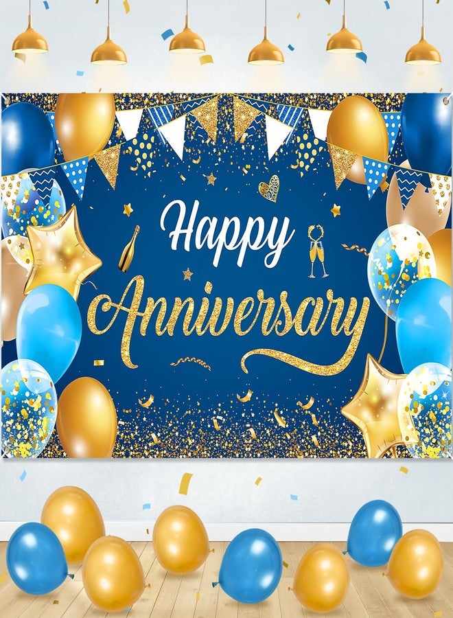Wayyogh Blue & Navy Blue Gold Happy Anniversary Banner & Backdrop | Happy Anniversary Sign for Women & Men - Wedding Decor, 72.8x43.3 Inch - Image 1