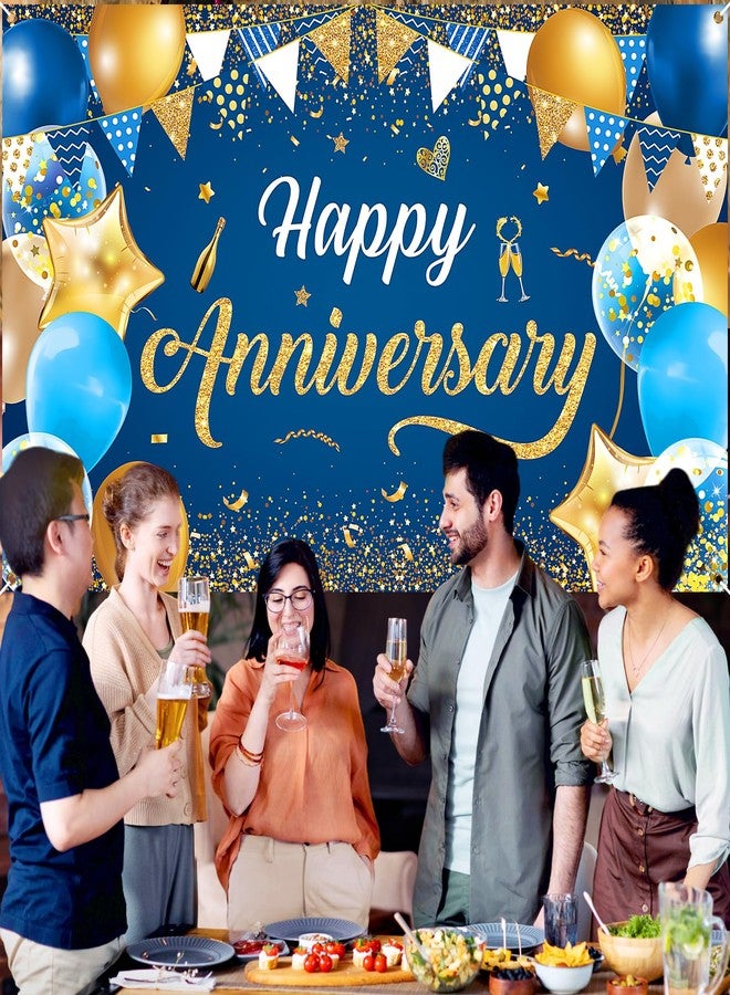 Wayyogh Blue & Navy Blue Gold Happy Anniversary Banner & Backdrop | Happy Anniversary Sign for Women & Men - Wedding Decor, 72.8x43.3 Inch - Image 5
