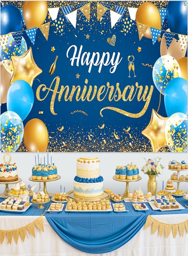 Wayyogh Blue & Navy Blue Gold Happy Anniversary Banner & Backdrop | Happy Anniversary Sign for Women & Men - Wedding Decor, 72.8x43.3 Inch - Image 2