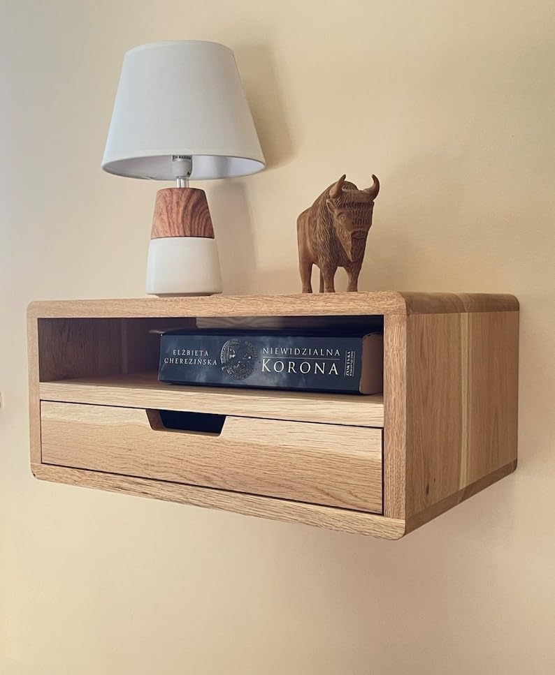 IThree Solid Wood Floating nightstand with 1 Drawer and storag mid Century Bedside Table mid Century Modern End Table nightstand for Bedroom - Image 2