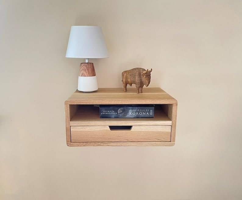 IThree Solid Wood Floating nightstand with 1 Drawer and storag mid Century Bedside Table mid Century Modern End Table nightstand for Bedroom - Image 3