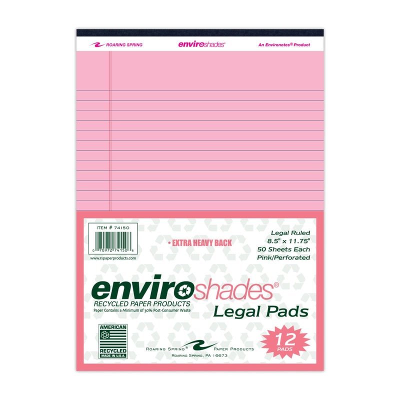 ROARING SPRING Enviroshades Recycled Colored Legal Pads, Pink, 12 Pack, 8.5" x 11", Legal Ruled, 50 Sheets Per Pad, 15 lb Perforated Paper, Made in USA - Image 1