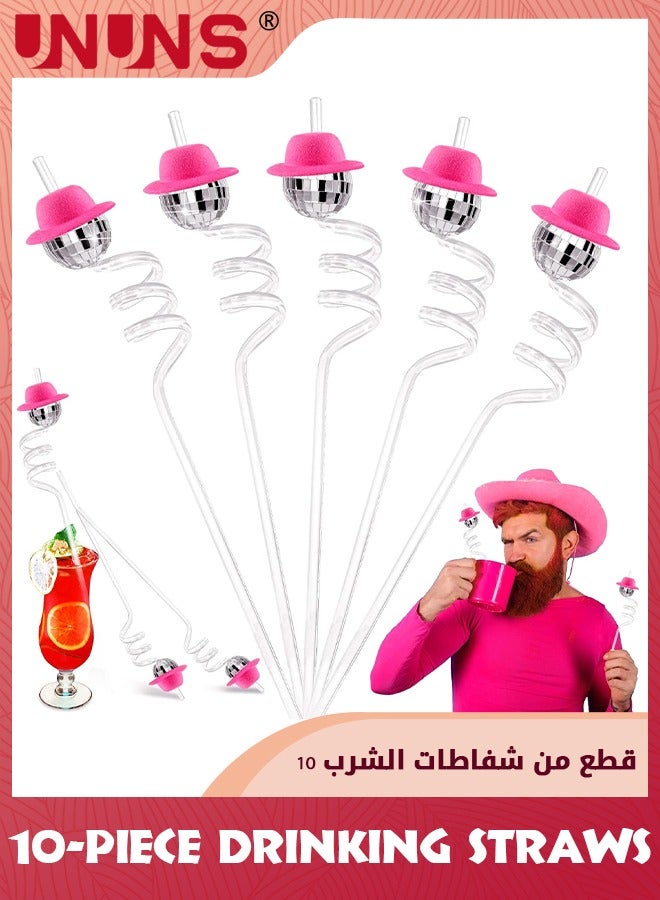 UNUNS Drinking Straw Set,10-Piece Mirror Disco Ball Straws,Mini Disco Cowboy Cowgirl Pink Hat Straw Party Decor For Dance Holiday Wedding Birthday Supplies - Image 1