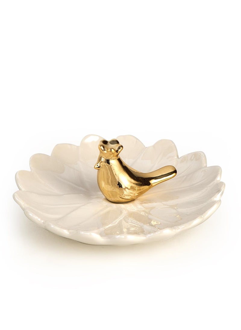 Small Ceramic Jewelry Tray with Gold Bird, Elegant Trinket Dish for Rings, Earrings, Necklaces, Bracelets, Ideal for Entryway, Dresser Decor, Gift for Women and Girls  - Image 1