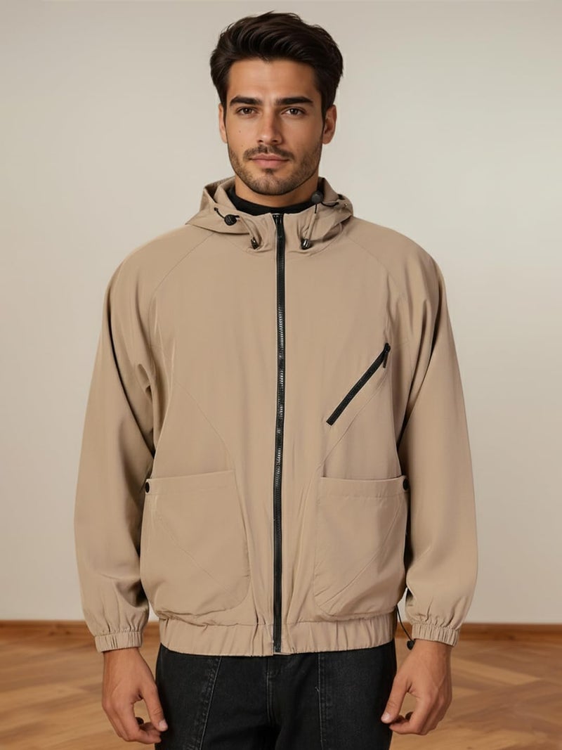 CHKOKKO Mens Stylish Oversized Windcheater Jacket with Zip Closure Lightweight Sportswear for Running Travel Hiking Outdoor and Rainy Season Wear Khaki XL - Image 2