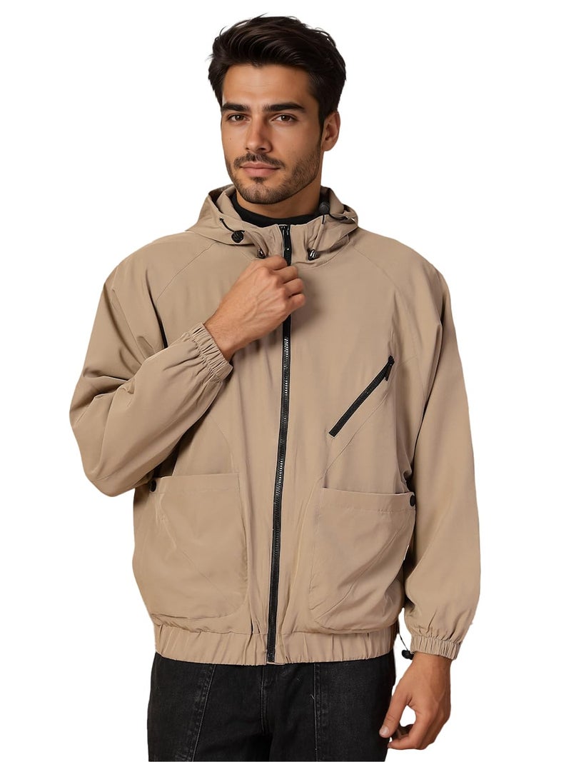 CHKOKKO Mens Stylish Oversized Windcheater Jacket with Zip Closure Lightweight Sportswear for Running Travel Hiking Outdoor and Rainy Season Wear Khaki XL - Image 1