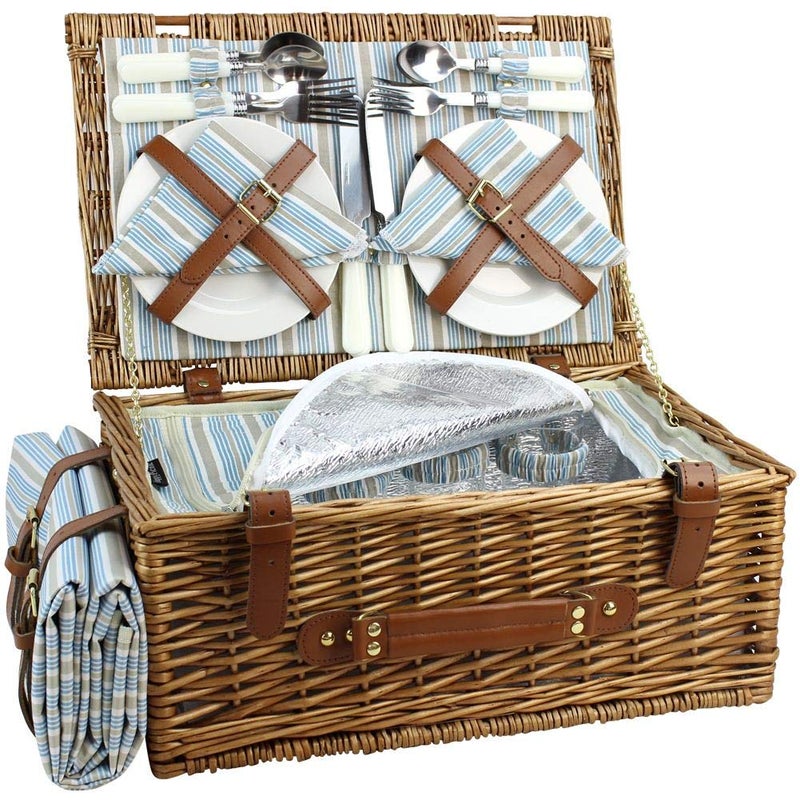 HappyPicnic HappyPicnic Wicker Picnic Basket Set for 4 Persons  Large Willow Hamper with Large Insulated Cooler Compartment Waterproof Blanket and Cutlery Service KitClassical Brown 