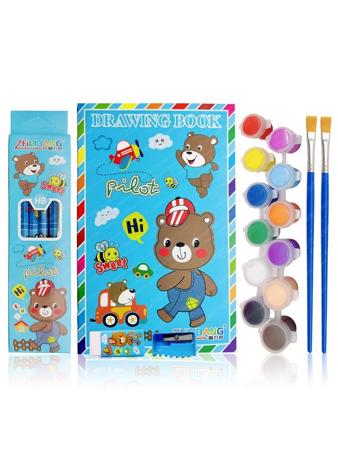 FunBlast Stationery Kit for Kids - 12 Water Colors and Paint Brushes, 6 Pencils, Drawing Book, Erasers, Sharpener for Art and Craft, Stationery Item for Kids, Birthday Return Gift for Kids (Blue)