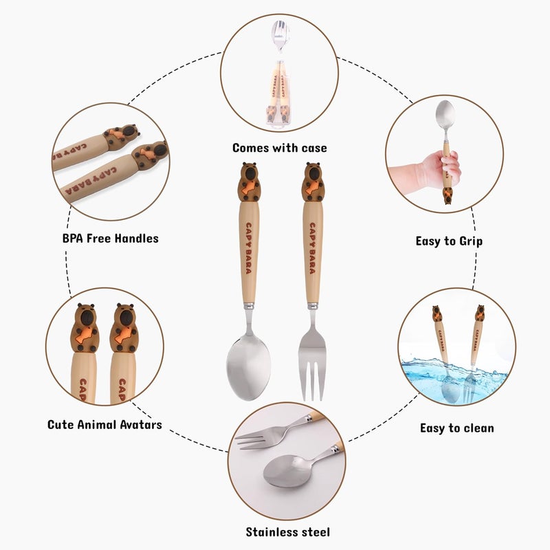 Cravista CapyBara Design Kids Cutlery Set with Case - 2-Piece Stainless Steel BPA Free Cutlery Set Includes Spoon, Fork and Case for Lunch Box, Picnic and Travel (Brown w/Fish) - Image 3