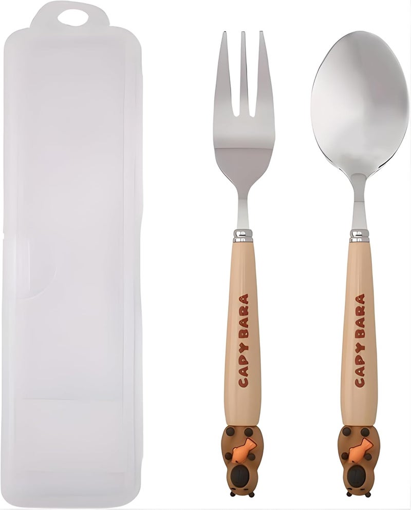 Cravista CapyBara Design Kids Cutlery Set with Case - 2-Piece Stainless Steel BPA Free Cutlery Set Includes Spoon, Fork and Case for Lunch Box, Picnic and Travel (Brown w/Fish) - Image 1