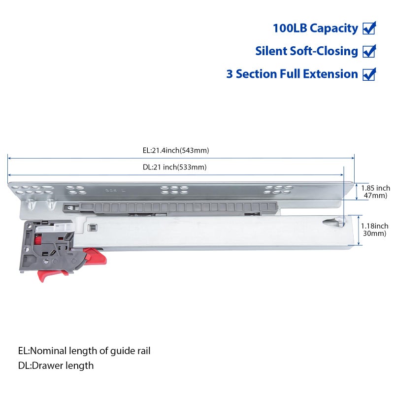 LONTAN Undermount Soft Close Drawer Slides 21 Inch Hidden Bottom Mount Full Extension Cabinet Rails with Rear mounting Bracket and Locking Devices 1 Pair Concealed Drawer Runners 100lb Load Capacity - Image 2