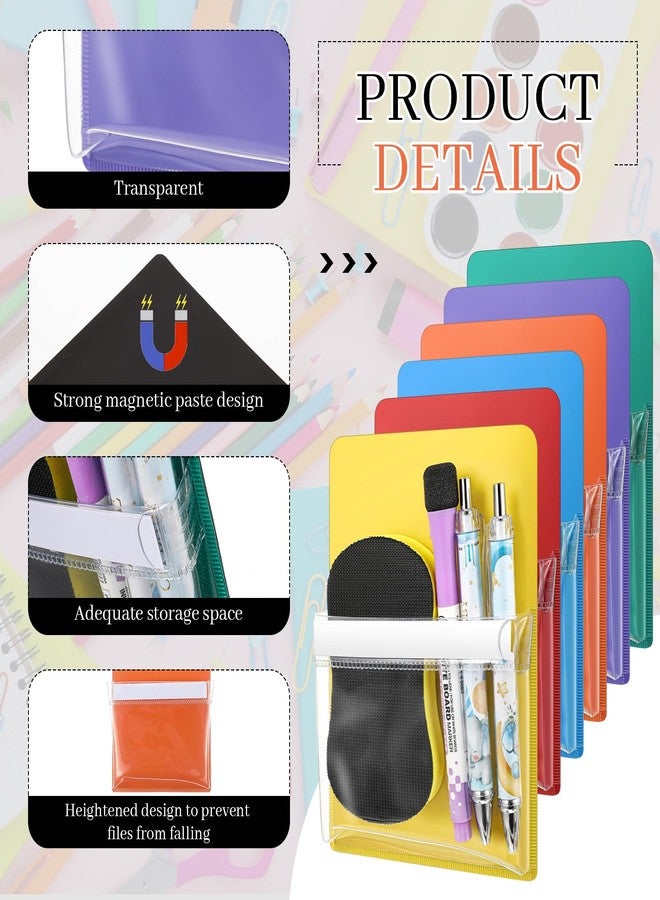 Sherr 6 Pcs Magnetic Pockets Pen Marker Holders, Whiteboard Magnetic Pouches 4.7 x 6.5 Clear File Holder for Fridge Locker Classroom, Dry Erase Marker Storage Organizer (4.7 x 6.5 in,Mixed Colors) - Image 3