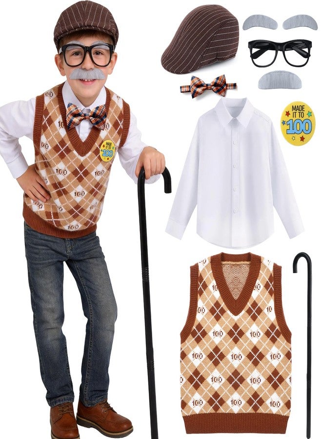 G.C Kids Old Man Costume for Boys 2-8, Grandpa Dress Up Kit with Beret Hat, Cane, Bow Tie & Suspender, School Career Day Grandpa Outfit for 100 Days of School Costume, Halloween, History Project Play - Image 1