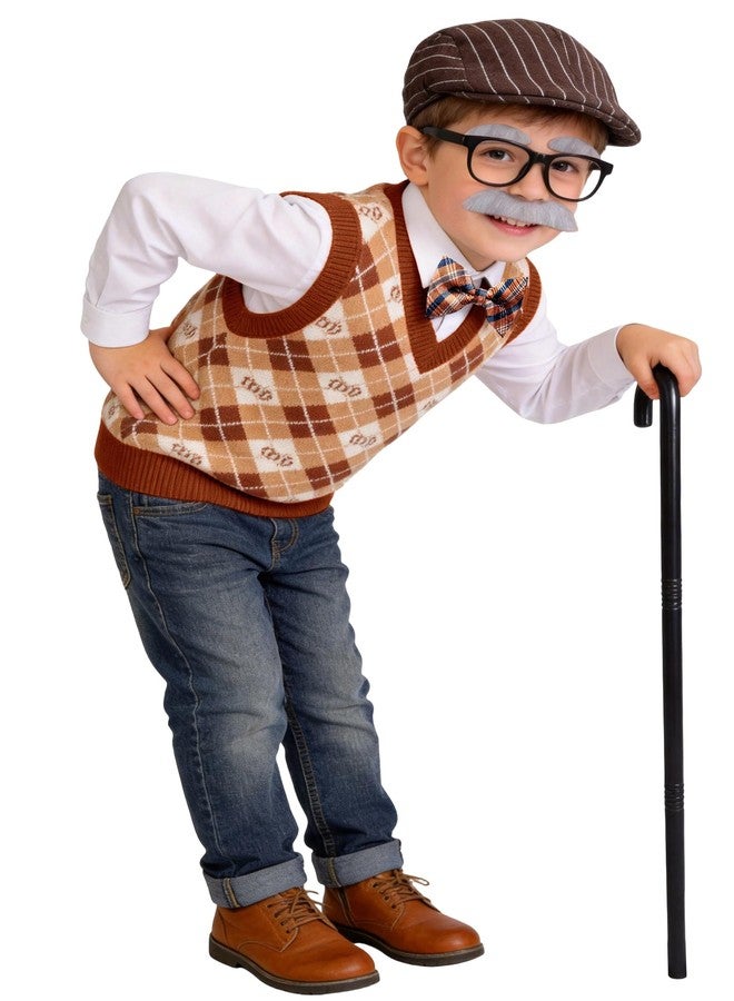G.C Kids Old Man Costume for Boys 2-8, Grandpa Dress Up Kit with Beret Hat, Cane, Bow Tie & Suspender, School Career Day Grandpa Outfit for 100 Days of School Costume, Halloween, History Project Play - Image 2