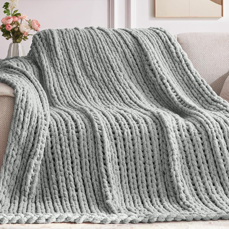 Negwoo Chunky Knit Throw Blanket 6080 Knitted Throw Chenille Yarn for Bed Couch Handmade Light Grey Crochet Big Thick Blanket Machine Washable Cute Comfy Blanket for Home Decor