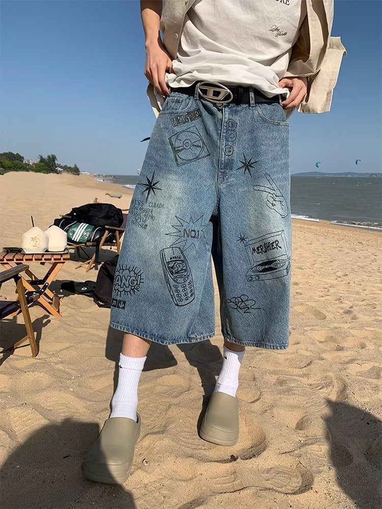 American Style Retro Graffiti oversize Pants Mens Trendy Brand Cropped Jeans Street Summer Loose Casual Shorts Blue 