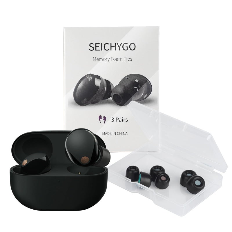 SEICHYGO 3 Pairs Memory Foam Ear Tips with Dust Mesh for Sony WF1000XM6 WF1000XM5 XM4 XM3 Super Comfort AntiSlip Replacement Ear Tip No Rubber Pain with Storage Box Black S M L - Image 2