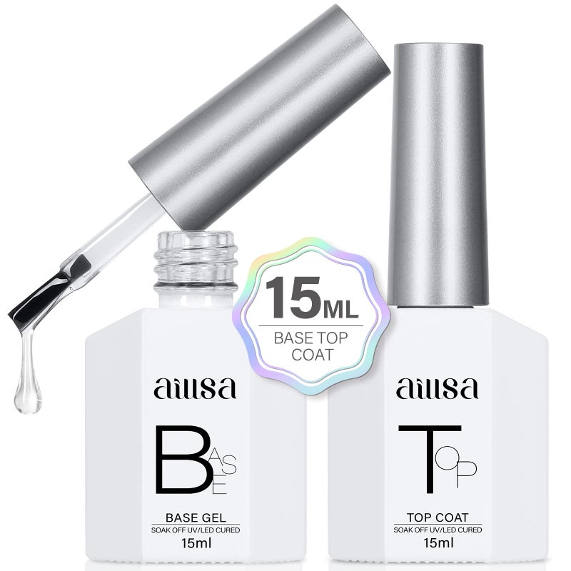 AILLSA Base and Top Coat Gel Nail Polish Top and Base Coat Nail Polish Soak Off Long Lasting Clear Base Gel High Gloss Shine No Wipe Top Coat for DIY Nail Art at Home 0.51 Fl Oz - Image 1