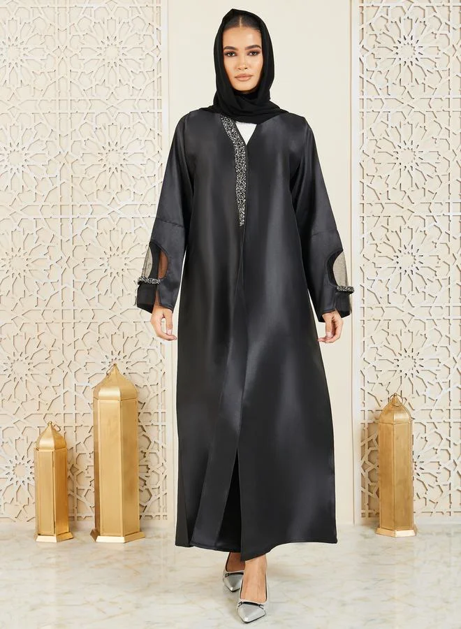 Modiste Beaded Embellished Mesh Insert Button Closure Abaya by Styli