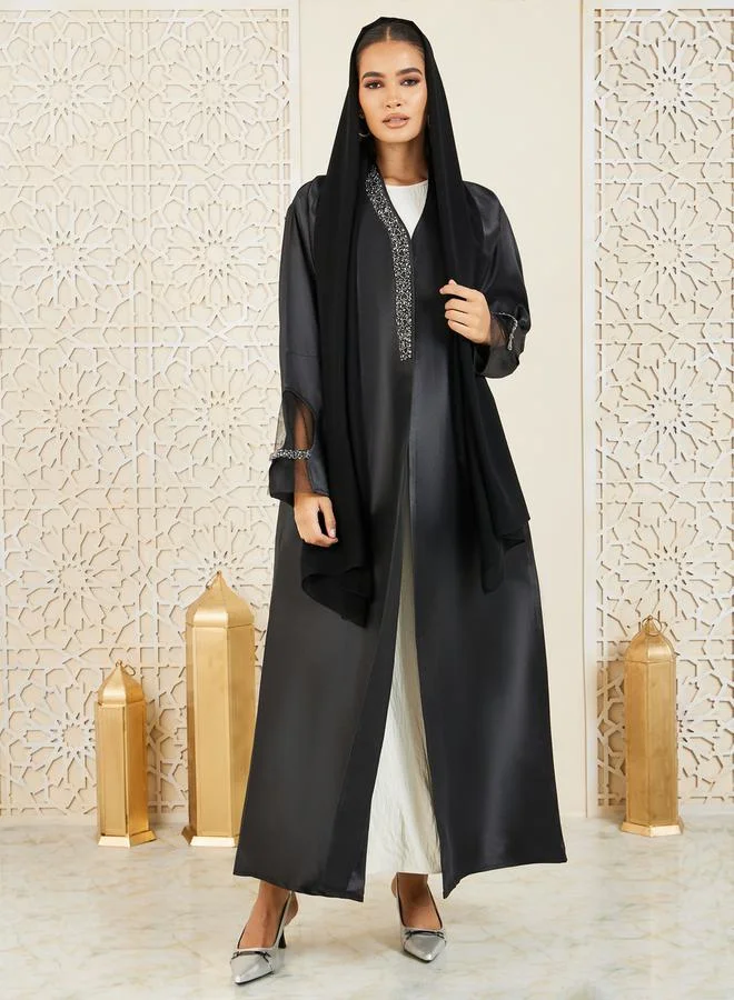 Modiste Beaded Embellished Mesh Insert Button Closure Abaya by Styli