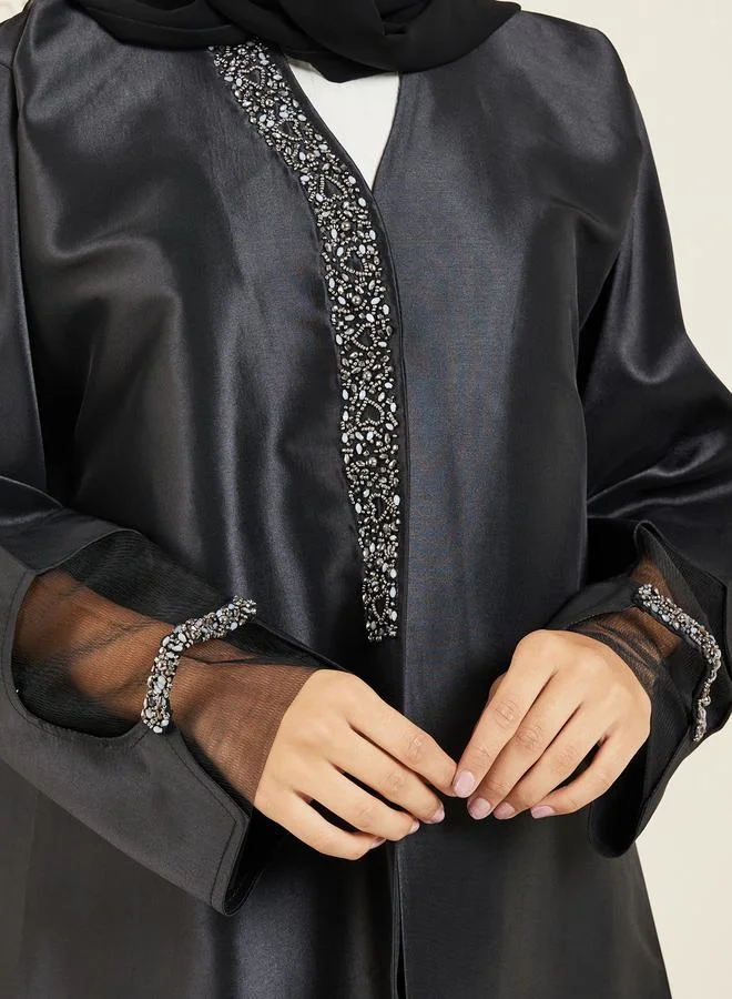 Modiste Beaded Embellished Mesh Insert Button Closure Abaya by Styli