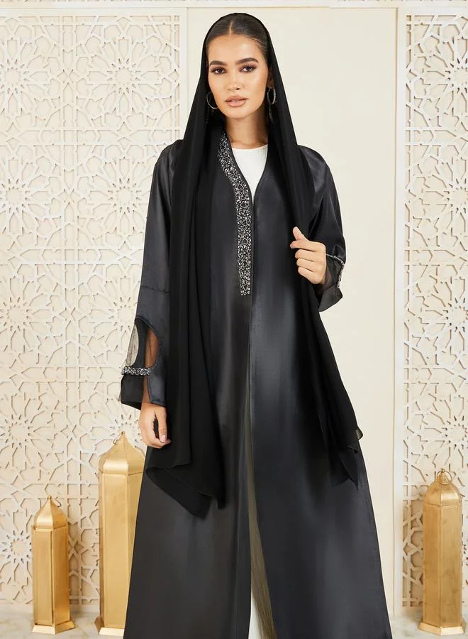 Modiste Beaded Embellished Mesh Insert Button Closure Abaya by Styli