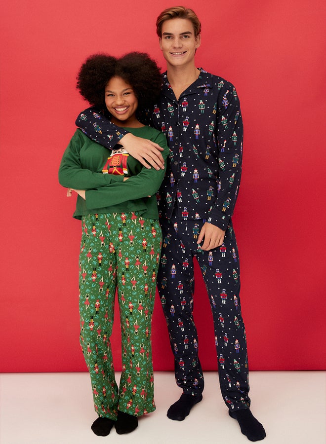 trendyol Navy Blue New Year Themed Shirt Collar Regular fit Knitted 100% Cotton Pajama Set TMNAW24PT00048 - Image 1