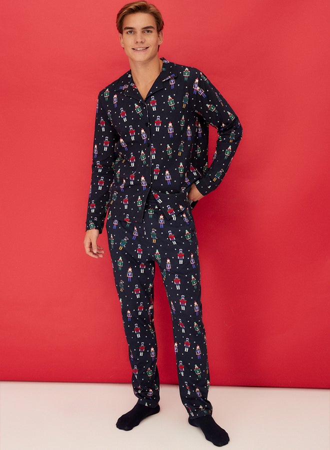 trendyol Navy Blue New Year Themed Shirt Collar Regular fit Knitted 100% Cotton Pajama Set TMNAW24PT00048 - Image 3
