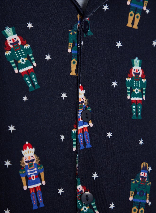 trendyol Navy Blue New Year Themed Shirt Collar Regular fit Knitted 100% Cotton Pajama Set TMNAW24PT00048 - Image 5