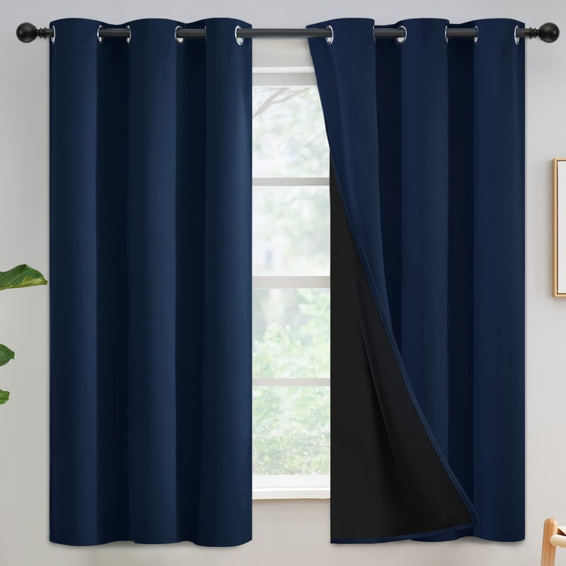 Yakamok Navy Blue Curtains 100 Blackout Curtains for Bedroom  Grommet Thermal Insulated Full Room Darkening Block Out Curtains with Black Liner for Bedroom Set of 2 Panels W42 x L63 Inch