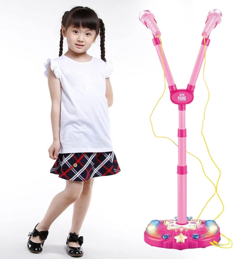 klarako Kids Karaoke Machine with Double Microphones Adjustable Stand Music Play Set Karaoke Players Toys Girl Gift Portable Microphone Musical Toys  Pink - Image 5