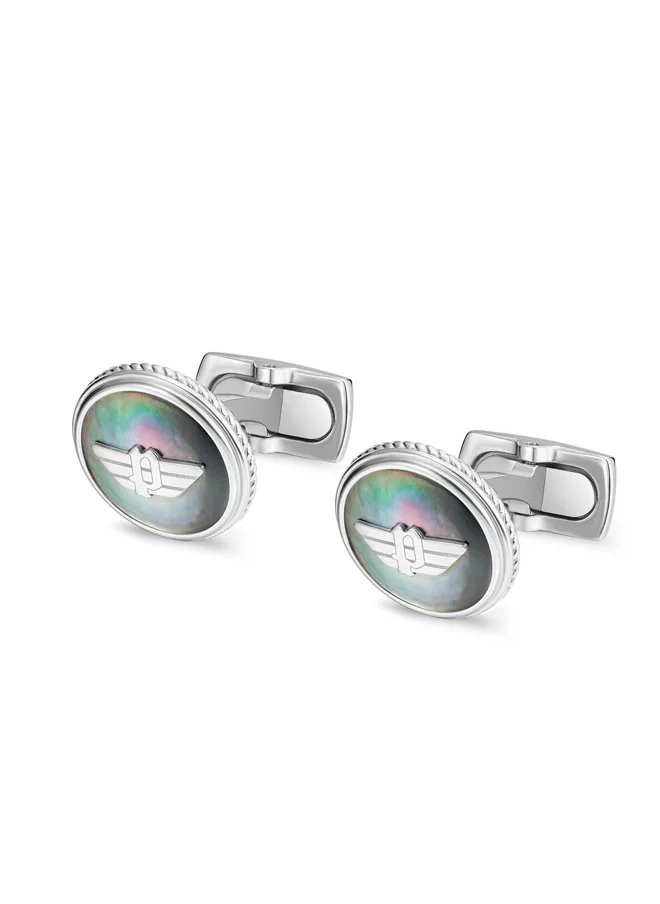 بوليس POLICE Treasure Cufflinks - Black Mother of Pearl with Wing Logo - Elegant & Distinctive Men's Style