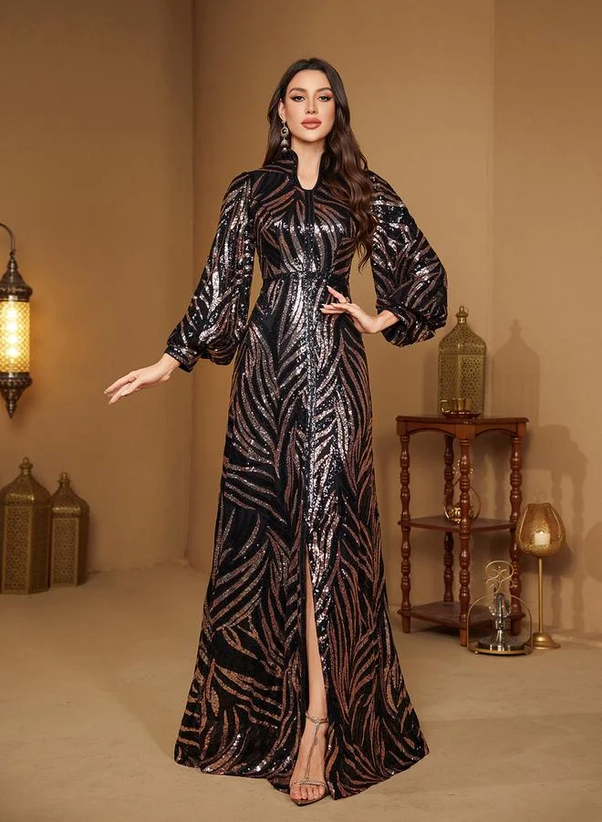 Supgir Sequin A-Line Maxi Dress with Long Sleeves - Formal Evening Gown
