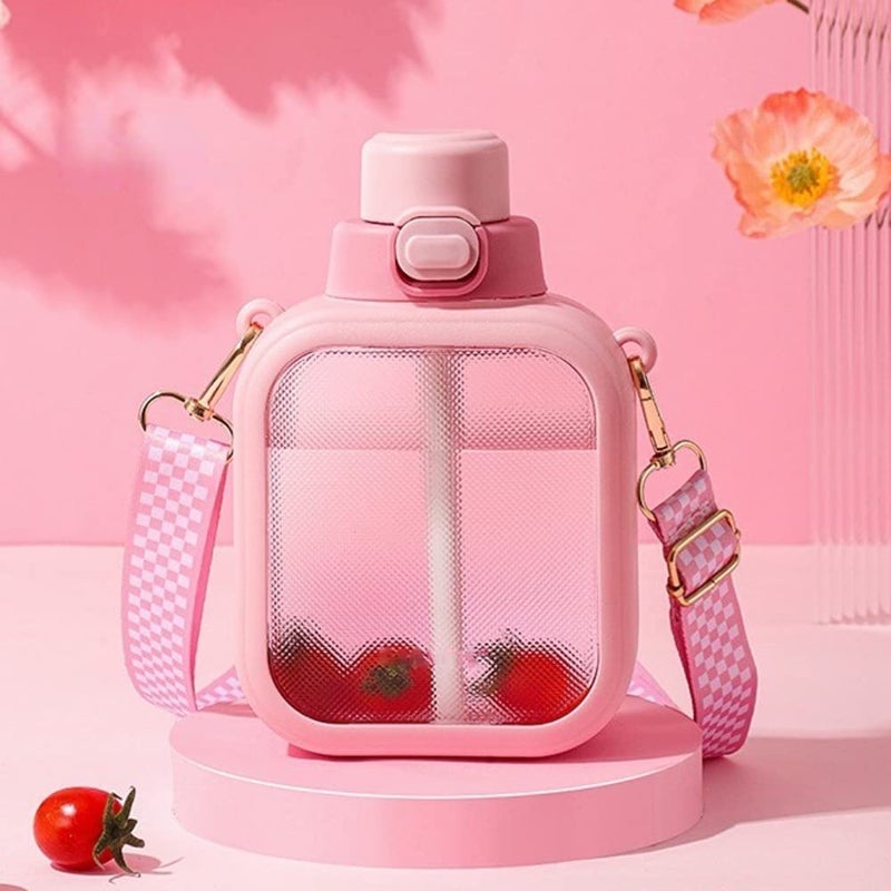 NUFR 24 Oz Square Transparent Water Bottle  Cute Portable Travel Canteen with Adjustable Strap 700ml (Pink) - Image 1