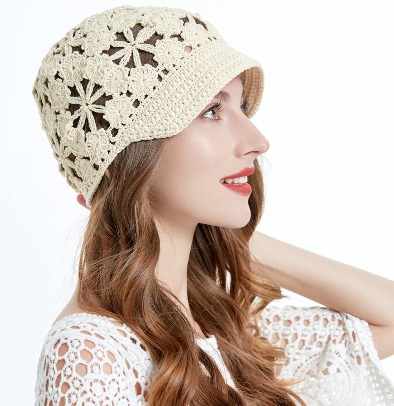 ZLYC Women Summer Slouchy Crochet Hat Handmade Cutout Knit Skull Cap with Visor (Plain Beige) - Image 3