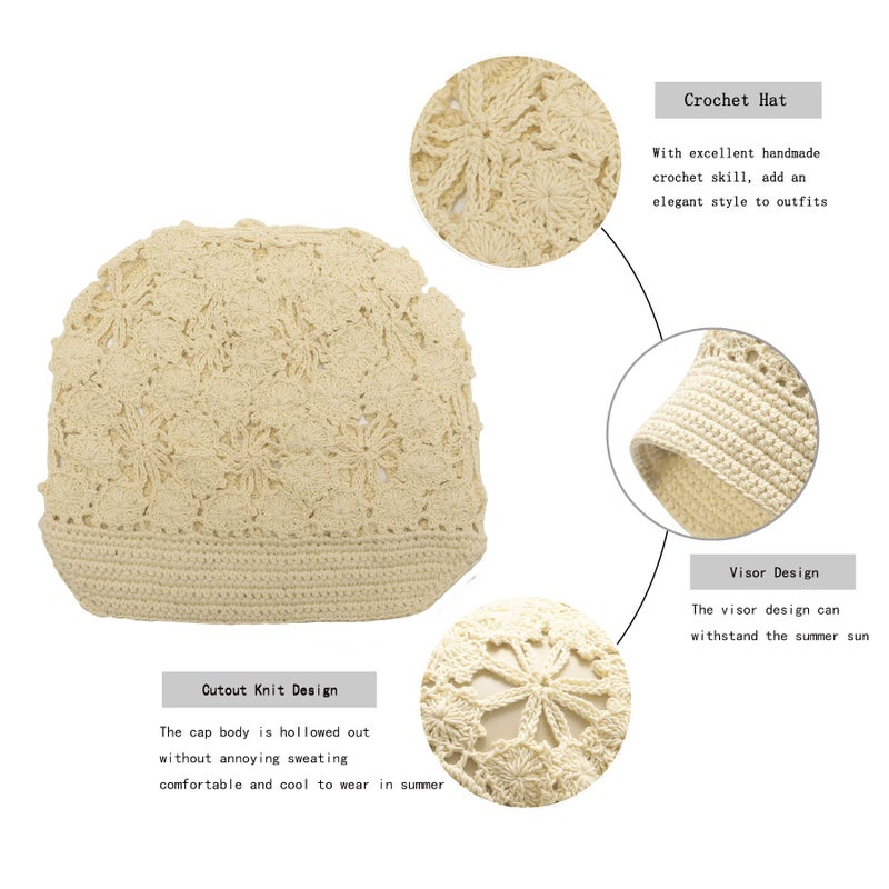 ZLYC Women Summer Slouchy Crochet Hat Handmade Cutout Knit Skull Cap with Visor (Plain Beige) - Image 4